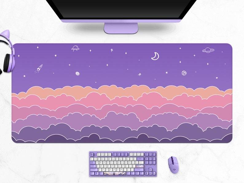 Purple Cloud Pattern Extra Long Gaming Mouse Pad