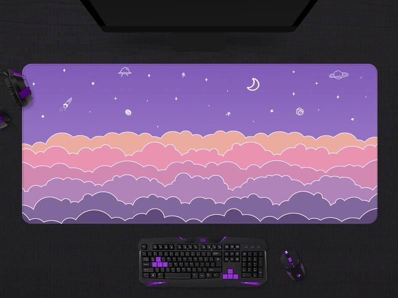 Purple Cloud Pattern Extra Long Gaming Mouse Pad