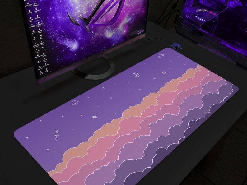 Purple Cloud Pattern Extra Long Gaming Mouse Pad